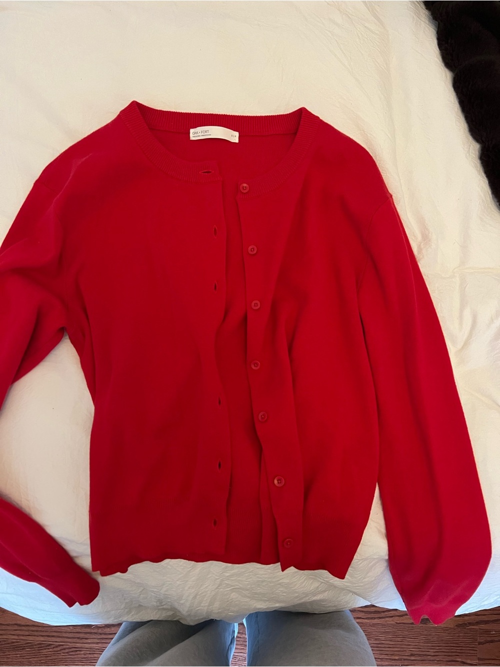 OAK + FORT Vibrant Red Button-Up Crewneck Cardigan